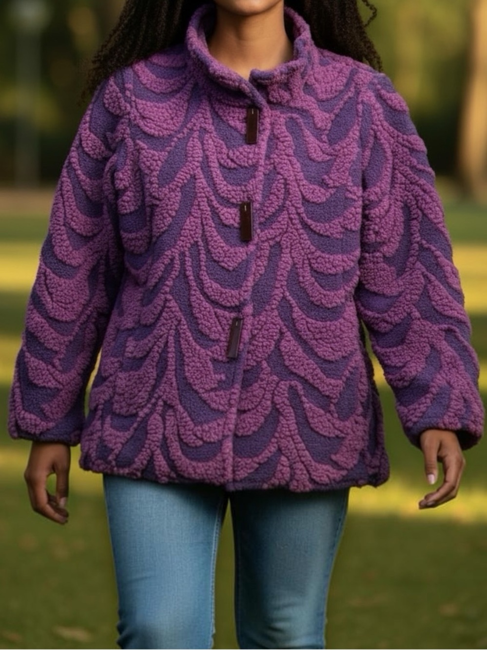 Women's LINDA LUNDSTROM Purple Textured Wearable Art Sherpa Coat Jacket Sz 14